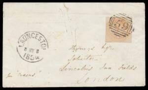 1854 cover & two outers all from Launceston with BN '59' & 4d Couriers 1) cut-square with good even margins to London, professionally cleaned & with RPSofL Certificate (2014) that states "the obliteration tie has been inked-in" (very minor if so); 2) cut-