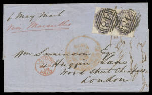 1859 mercantile entire headed "pr Columbian SS via Suez/Hobart Town 14 May 1859" with scarce franking of 'TASMANIA' Imperf 6d dull lilac SG 40 horizontal pair (almost full margins, Cat &pound;180 x5+ on cover) tied by fine & superb strikes of First Allocation B