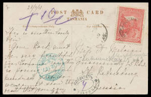 1910-12 Tasmanian PPCs from Ringarooma all to Russia, one with Pictorials &frac12;d & 1d, the others with 1d only & various Russian tax & redirection handstamps. Nice lot, to a very scarce destination. (5)