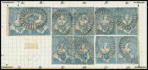 1850-53 Half-Lengths by Thomas Ham Third State of the Dies (Framelines Added) 3d blue SG 11 large-part reconstruction of the sheet with five horizontal pairs missing only [7-8], margins in places & of fine to very fine appearance, Cat &pound;900++. Ex Charles L