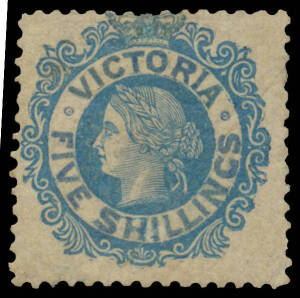 1863-81 Laureates V/Crown 5/- blue/yellow SG 139, a little discoloured/aged, unused, Cat &pound;3500.