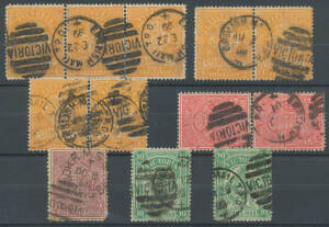 1884-96 Large Stamp Duty 4/- orange x7 (two pairs and a strip of three), 5/- red pair & 10/- green x2 all with 'ENGLISH MAIL TPO/+ - VICTORIA' duplex cancels used on mail posted at Melbourne directly onto the Express TPO service to catch ships departing S