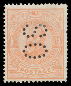 OFFICIALS: 1905-12 Crown/A Perf 12&frac12; &pound;1 salmon-pink perf 'OS' BW #V127Ab (SG 431), large-part o.g., undercatalogued at $600 (&pound;300 without perfin). Most examples of this and the next two lots are CTO from presentation/collector sets. Mint - and commercially