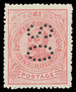 OFFICIALS: 1905-12 Crown/A Perf 12&frac12; &pound;1 rose perf 'OS' BW #V127Cb (SG 431a), exceptional centring, characteristic rough perfs, large-part o.g., undercatalogued at $600 (&pound;300 without perfin).
