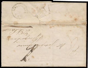 1841 (c.) entire headed "Melbourne August" & signed "WH James" to his father "Joseph James/George Town/VD Land" with a complete & almost very fine strike of the undated 'MELBOURNE/NSW' handstamp on the flap, a bit soiled but most presentable. The handstam