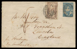 1854 cover to Lincolnshire "pr Harbinger/Via Southampton" with scarce Two Issue franking of Half-Lengths 3d (small defect at upper-right) & Queen on Throne 2d (virtually full margins) tied by Barred Oval '60' - rated R - of 'ST KILDA' (crowned-oval b/s wi