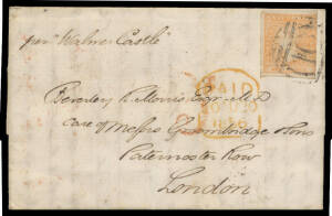 1856 entire to London "per Walmer Castle" with Woodblock 6d (3 margins) tied by BN '10' & large-part strike of the scarce 'SHIP LETTER/FREE/MY*13/1856/WARNAMBOOL VICTORIA' b/s (note spelling), similar Melbourne transit b/s in red, British 'PLYMOUTHAU19/18