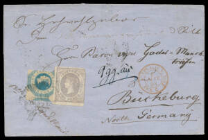 1857 outer to "B&uuml;ckeburg/North Germany" with Imperf Emblems 2d (corner fault) & 1/- Octagonal (cut-into) unusually cancelled with oval 'SANDHURST/NO14/1857/VICTORIA' datestamp, Melbourne transit b/s, French 'AUSTRALIE V SUEZ/6/JANV/58/AMB C' marine sorter