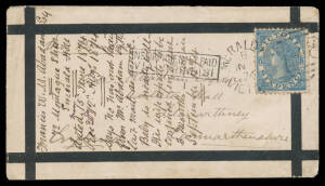 1874 unusual style of mourning cover to Carmathenshire (Wales) with Laureates 6d only tied by 'EMERALD HILL/VICTORIA - 148' duplex, Melbourne b/s where a very fine strike of the small boxed 'INSUFFICIENTLY PAID/VIA BRINDISI' h/s applied, minor blemishes &