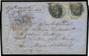 BARRED OVALS: '82' of Hepburn two heavy but clear strikes on Imperf Octagonal 1/- x2 on outer to England "Per Mermaid or first ship", largely very fine oval 'HEPBURN/[crown]/JU*27/1855/VICTORIA' b/s, Liverpool transit & Manchester arrival b/s of OC21/1855