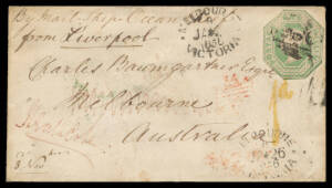 BUTTERFLY NUMERALS: '15' (unconvincing), '34' (only the second example recorded used at the GPO) & '48' all used at the GPO in red on 1855-56 covers from GB with cut-to-shape Embossed 6d or 1/- x2, all redirected to 'HEATHCOTE' (b/s). Very scarce trio. Ex