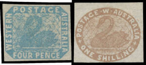 1854 Lithographs 4d pale blue SG 3 & 1/- pale brown SG 4c, also 1860 2d orange-vermilion SG 25, all with full margins, unused, Cat &pound;990. RPSofL Certificate (1962) for the 4d as the then SG 2. (3)
