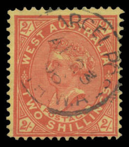 1902-11 V/Crown Single-Line Perf 12&frac12; 2/- brownish red/yellow with the Watermark Sideways BW #W58Aaa, 'PARCEL POST/AP23/06/PERTH WA', Cat $500. [The ACSC states "...is rare in this perforation" with only one dated example recorded, of AU22/05. The same var