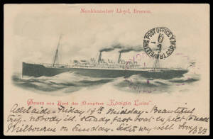 1900 Norddeutscher Lloyd PPC of "K&ouml;nigen Luise" with German 10pf tied by poor Seepost cds, to York with superb 'TRAVELLING POST OFFICE/ 1 /JA28/--/GSR WA' cds (no year slug) & light 'YORK' arrival duplex in purple.