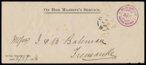 FRANK HANDSTAMPS 'RAILWAY DEPARTMENT' Type 3 (9mm between 'R' of 'RAILWAY' & 'W' of 'WESTERN'; and 'FRANK/STAMP' = 2mm High) very fine strike in purple on 1898 envelope to Fremantle, some toning.