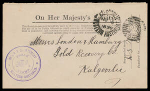 FRANK HANDSTAMPS 'RAILWAY DEPARTMENT' Type 3 (9mm between 'R' of 'RAILWAY' & 'W' of 'WESTERN'; and 'FRANK/STAMP' = 2mm High) largely very fine strike in violet on an unusual Railways Department "penalty" envelope, local usage at Kalgoorlie in 1898. Nice i