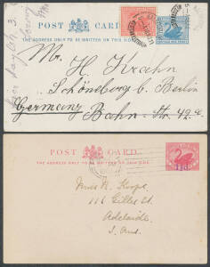 Companion used group of mostly Postal Cards including 1899 1d to GB with '("1")/MORE TO PAY' h/s, &frac12;d uprated to Croatia, 1d local usage with large framed 'LCR/PERTH - WA' duplex, 1&frac12;d on 3d x6, 1d on Surfaced Stock local usage & uprated to Germany, 1&frac12;d on 