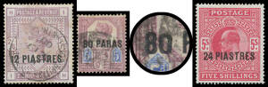 Small mostly mint collection with a few 'C'-in-Bars on GB values, Surcharges on QV to 12pi on 2/6d used including 80pa on 5d with Small '0' SG 5a, KEVII 1911-13 to 24pi on 5/-, 1921 Seahorses, etc, & a few Control Blocks of 6; also a packet of covers incl