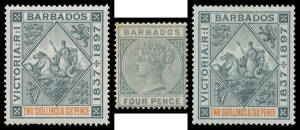 Mostly mint collection with Barbados including 1873 5/- (used, typically faded), QV to 5/-, 1892-1903 set, 1897-99 Jubilee White Paper 10d & 2/6d and Blued Paper 2/6d, 1905 set, 1906-07 Nelsons, 1912-16 KGV set, 1916-19 set, Victory set, 1921-24 set1925-3