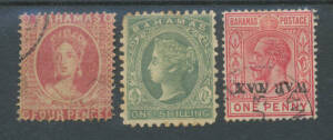 BAHAMAS: Bundle of covers including 1878 to GB with 6d pair tied by 'AO5' cancels (badly stained), 1908 registered to USA with Staircase 5d x4, etc, handy Postal Stationery with Postal Cards including QEII 3d 4d & 5c all very fine unused, etc, condition v