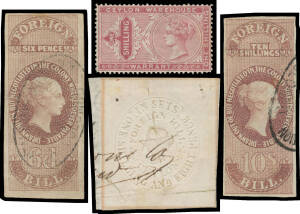 REVENUES: Collection mounted on small pages with Foreign Bill 1862 Long Types x9 values to &pound;1, 1862 embossed 1/8d & 3/4d, good range of Surcharges, KEVII to 3r x3; 'JUDICIAL' Overprints QV to 20r, Surcharges including 1r on 2r & 1r on 100r, KEVII to 5r; S