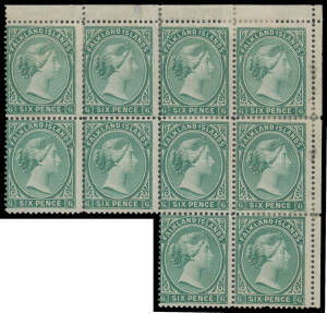 1878-79 No Watermark 6d blue-green SG 3 corner block of 10 (4x3, missing units 9 & 10) from the upper-right of the left-hand pane, a couple of minor varieties noted, some perf separation/rejoining, large-part o.g. with two units being unmounted, Cat &pound;1100