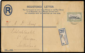 1933 usage of blue/white formular Registration Envelope size H, to Switzerland with rare franking of Centenary 1/- Government House (Cat &pound;100 x5+), the registration label damaged on opening, minor blemishes. [A philatelic registered cover with the 6d Whal