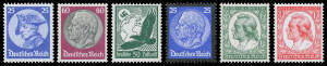 1933-45 mint range including some positional pieces and varieties, noted 1933 Hindenburg 'Lozenges' Watermark set plus 'Swastika' Watermark set with rotary press margins, 1933 Frederick the Great, 1934 Airmails, 1936 Olympics & 1937 Relief booklet panes, 