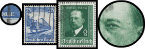 1933-45 used selection of Michel-listed plate flaws including 1935 25pf Railways 'Eisenbahr', 1935 Party Day pair both with 'Missing Shading In Eagle's Feathers', 1937 15pf Relief 'Dipstick On Weathervane', 1940 6pf Behring 'Mark On Cheek' in positional b