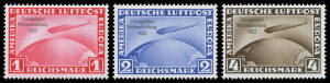 1933 Zeppelin Chicago Flight overprints set 1mk red, 2mk blue and 4mk brown Mi #496-498 all unmounted, Cat &euro;4000. Schlegel photo certificate (1991). (3)