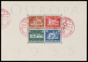 1935 'Ostropa' Souvenir Sheet Mi #576-579 (Block 3) with 'KONIGSBERG(PR)/OSTROPA/23.6.35/INT.POSTWERKZ AUSTELLUNG/VON 23.JUNI-3.JULI 1935' commemorative pictorial postmark showing Knight with Shield in red on first day of issue, Cat &euro;900. Ceremuga photo c