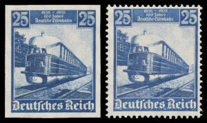 1935 Railways Anniversary 25pf 'Flying Hamburger' Locomotive imperforate Mi #582U unmounted, Schlegel Certificate (2014); plus perforated stamp lightly mounted showing 'Eisenbahr' variety (no longer listed in Michel), Cat &euro;2000+. Excellent duo for a thema
