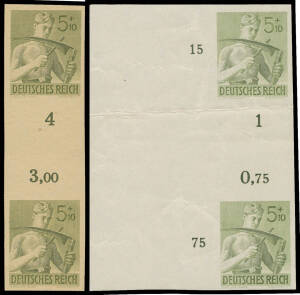 1943 Workers Reaper 5+10pf olive-green Mi #851 two imperforate plate proof gutter pairs with marginal markings, the former on gummed paper unmounted Mi #851 PII (Cat &euro;240) with wide left margin and fold through gutter, the latter on thin yellow paper with