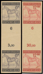 1943 Horse Racing Grosser Preis von Wien Horseracing 6+4pf black-violet and 12+88pf red imperforate plate proof Mi #857P-858P matching gutter pairs with marginal markings on thin yellow paper without gum both with Ludin expertising handstamps on back, Cat