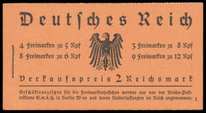 1933 Hindenburg 2mk complete stapled booklet Mi #33 with orange cover containing three unmounted panes of 8 'Lozenges' Watermark comprising 6pf x8, 5pf x4 & 12pf x4 and 8pf x3 & 12pf x5, Cat &euro;950.