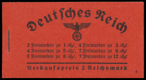 1936 Hindenburg 2mk complete stapled booklets Mi #36.1-3 with red covers three versions each containing four unmounted panes of 8 'Swastika' Watermark comprising 6pf x7 plus 'Alles f&uuml;r Deutschland' tab, 12pf x7 plus 'Deutschland, ein Hort des Friedens' ta