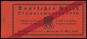 1936 Olympic Games 2mk complete stapled booklet Mi #42.2 with red cover and red sash containing two unmounted panes of 10 comprising 3pf Gymnastics x4 & 12pf Torch Relay x4 and 4pf Diving x4 & 6pf Soccer x4, Cat &euro;1000. Pristine!