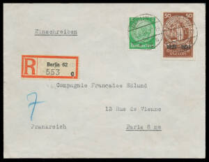 1933 Charity Anniversary Nothilfe '1923-1933' overprint 50pf+150pf brown Mi #511 alongside Hindenburg 5pf green tied 'BERLIN W/28.6.34/62' datestamps on cover sent registered to France paying 25pf foreign letter rate plus 30pf registration fee with Paris 
