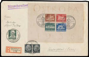 1935 Ostropa Souvenir Sheet Mi #576-579 (Block 3) on registered cover to Saar with Sch&uuml;tz 6pf green and Hindenburg 1pf black x2 all tied 'KONIGSBERG(PR)/OSTROPA/2.7.35/INT.POSTWERKZ.AUSTELLUNG/VON 23.JUNI-3.JULI 1935' commemorative pictorial postmark show