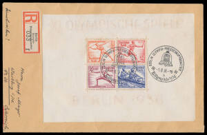 1936 Berlin Olympic Games group including covers, postal cards and stamps noted set tied 'KRONBERG (TAUNUS)/-9.5.36/a' d/s on two plain FDCs, minisheets tied 'BERLIN OLYMPIA- PRESSEHAUPT QUARTIER/-1.8.36/XI Olympiade 1936' on two FDCs each with Press Cent