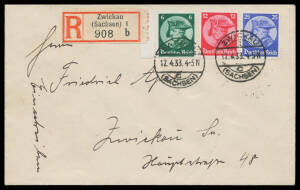 1933 Frederick the Great set Mi #479-481 tied to plain FDC by 'ZWICKAU/12.4.33/(SACHSEN)' datestamps with red/black registration label alongside on face, Cat &euro;600.