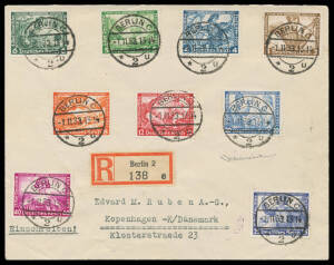 1933 Wagner Operas Perf 14x13 set Mi #499A-507A tied to plain FDC by 'BERLIN C/-1.11.33/2U' datestamps sent to Denmark with red/black registration label and oval 'KOBENHAVN/R.Omb-2NO33/K' arrival b/s, Cat &euro;3500. Schlegel photo certificate (1998) confirmin
