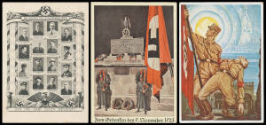 PROPAGANDA ISSUES: 1923 Beer Hall Putsch group of mostly multi-coloured cards issued in the 1930s commemorating the failed coup attempt in Munich comprising six published by Verlag Photo-Hoffmann, Munich with four showing guards at the memorial for the fa