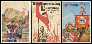 PROPAGANDA ISSUES: 1929-1938 Nuremberg Reichsparteitag Rallies group including various NSDAP Festpostkarte types, Old Town views and a number of multi-coloured artist cards, noted 1929 Swastika Flag over Castle inscribed 'Offizielle Parteitags-Postkarte N