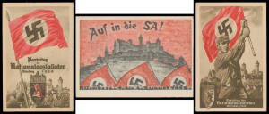 PROPAGANDA ISSUES: 1929 Nuremberg Reichsparteitag Rally unused pair inscribed 'Offizielle Parteitags-Postkarte' #1 and #2 showing Swastika Flagbearer and Swastika flag over Nuremberg respectively, also another card with Swastika flags in front of Nurember