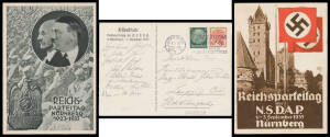 PROPAGANDA ISSUES: 1933 Nuremberg Reichsparteitag Rally group comprising Gustav Goetschel painting of Hitler over Nuremberg Castle unused, two examples of Eagle and Swastika over Castle by Rachs both postally used with 'RDPSH' labels 5pf violet and 10pf r