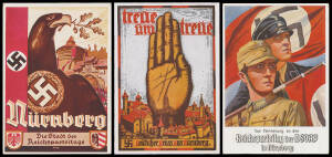 PROPAGANDA ISSUES: 1934 Nuremberg Reichsparteitag Rally group comprising Raised Hand captioned 'Treue um treue' and Eagle with Oak Branch both by St&uuml;rmer, Hitler marching with Flag by Hoffmann issued for previous year with '1933' blacked out, four Serz ca