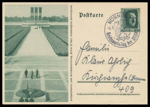 PROPAGANDA POSTCARDS: 1937 Nuremberg Reichsparteitag Rally group comprising unused fold-out double card drawing of the buildings and grounds designed by Albert Speer including the Deutsches Stadion planned to accommodate 310,000 viewers, an Old Town paint
