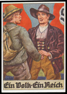 PROPAGANDA POSTCARDS: 1938 Austrian Anschluss group of multi-coloured paintings by Franz R&ouml;ck published by Stocker-Verlag, Graz (numbered #2-10) all featuring Swastika flags comprising two overtly anti-Semitic images, the former showing Jews - one holding