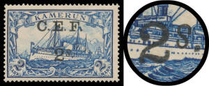 CAMEROONS: '2s.' on 2mk blue with Inverted 's' in '2s.' Mi 11i (SG B11s), small thin, Cat &euro;800 (&pound;1000).